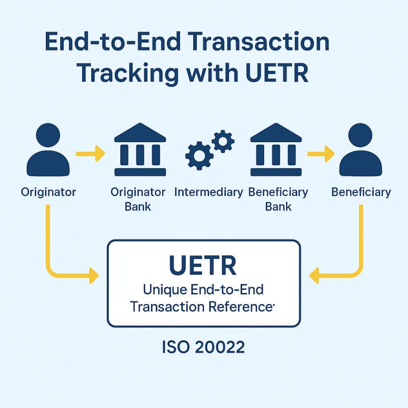 Diagram of end-to-end transaction tracking with a UETR: the originator, originator bank, intermediary, beneficiary bank and beneficiary all report against the same Unique End-to-end Transaction Reference under ISO 20022